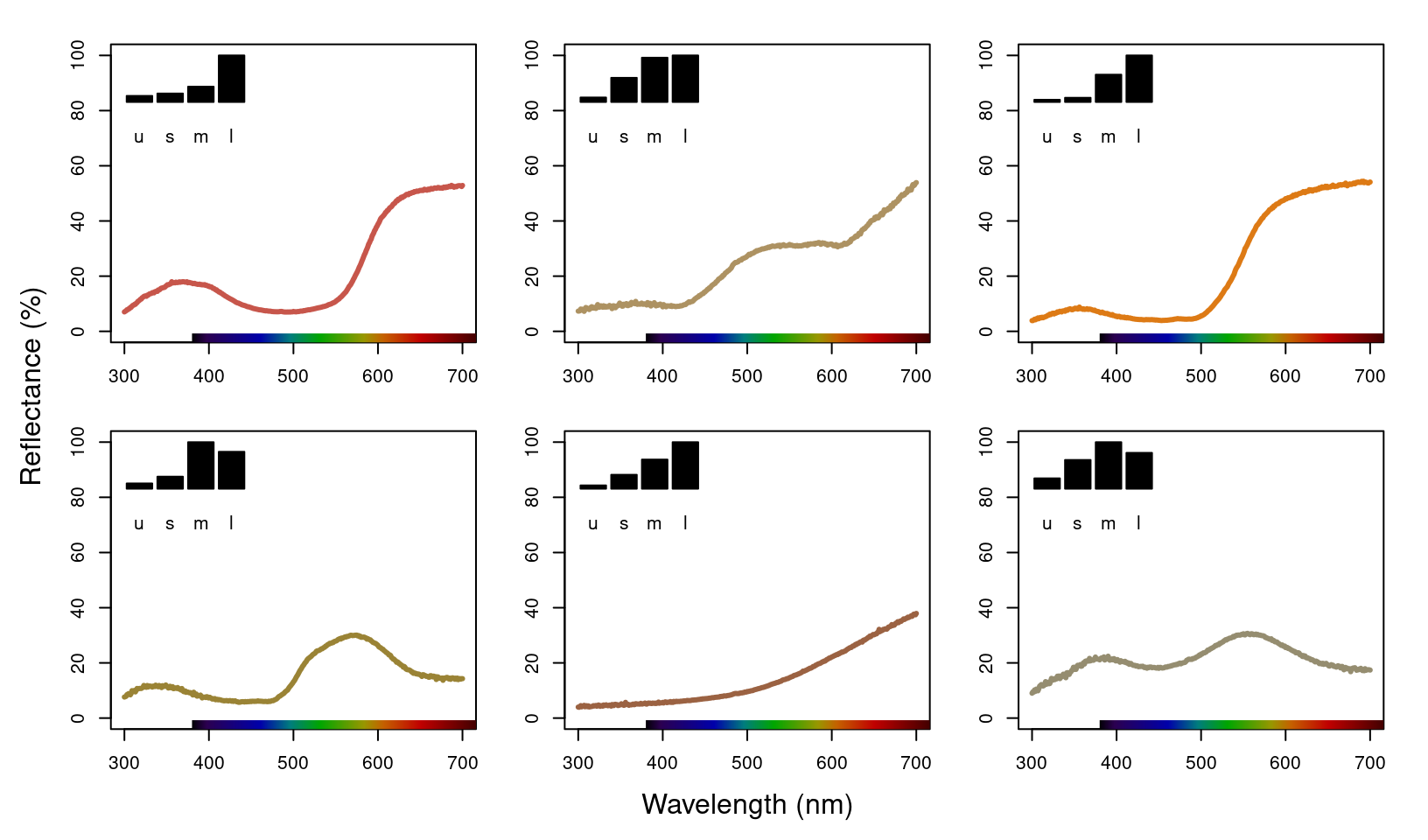 Plots of species mean reflectance curves with corresponding relative usml cone stimulations (insets).